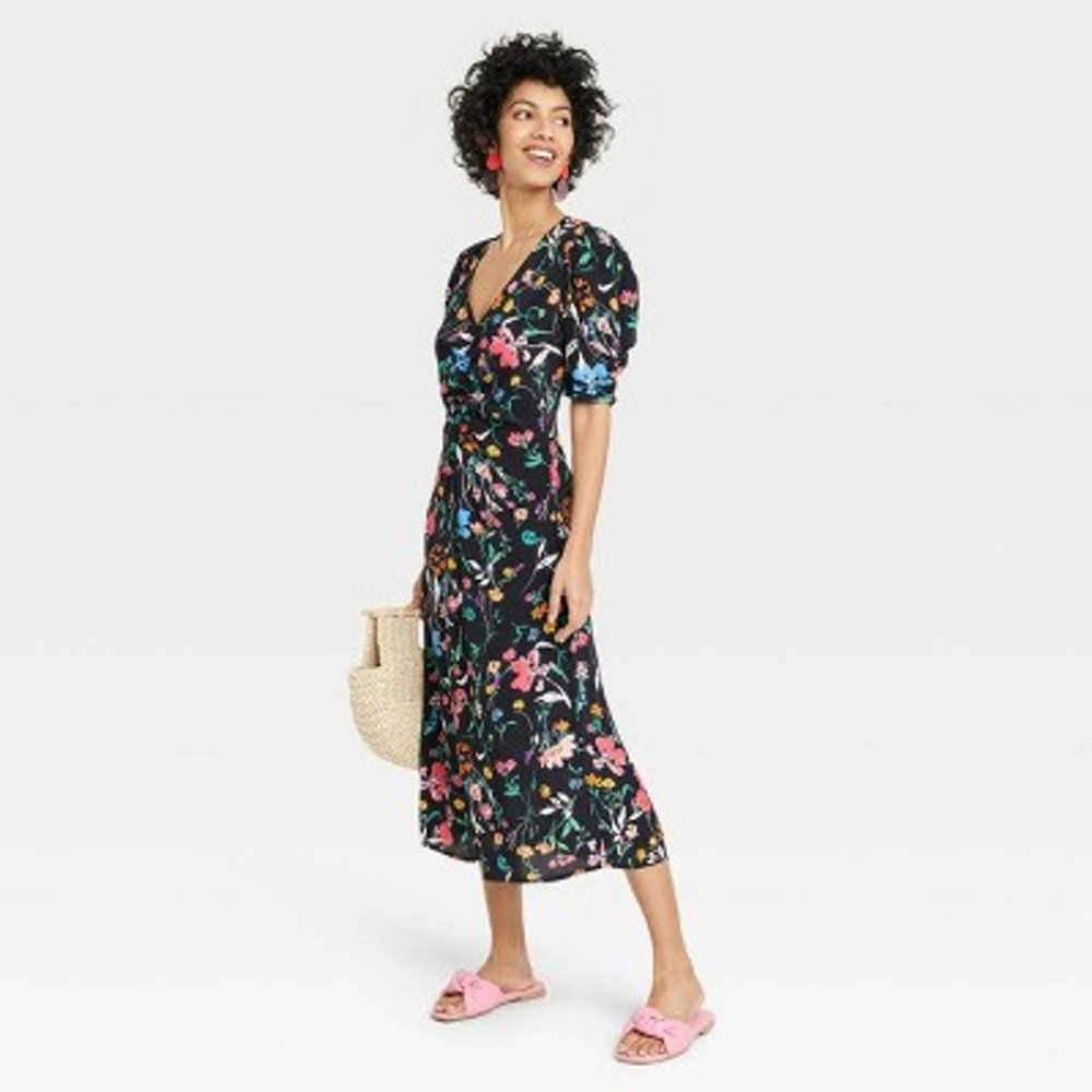 Women's Puff Short Sleeve Ruched A-Line Dress - A New Day Black Floral